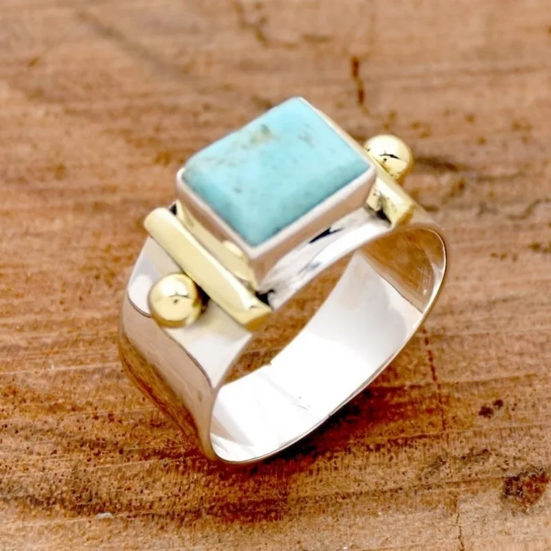 Ethnischer, eingelegter Damenring mit imitiertem Türkis, Vintage-Stil, zweifarbig, geometrisch, für den täglichen Gebrauch, Partyschmuck, Jubiläumsgeschenk