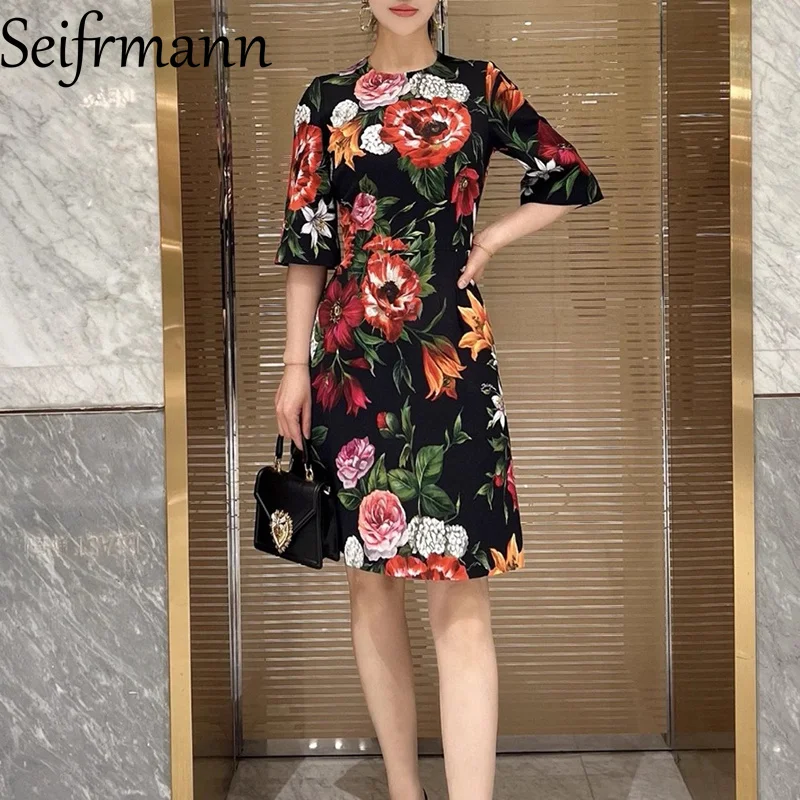 

Seifrmann Women's Elegant Holiday Dress Summer Half-Sleeved Floral-Print Cotton A-Line Dresses