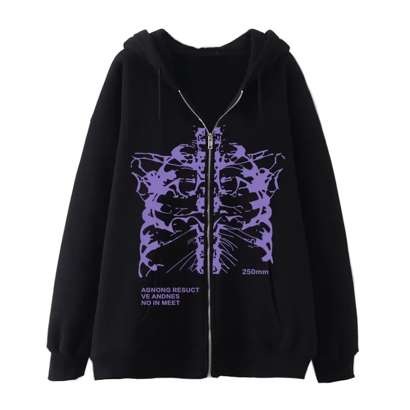 Hot Y2kผู้หญิงVINTAGE Gothic Streetwearโครงกระดูกพิมพ์Hoodies 90s Harajukuขนาดใหญ่Hip Hopแจ็คเก็ตZip Up Hoodie Y2kเสื้อผ้า