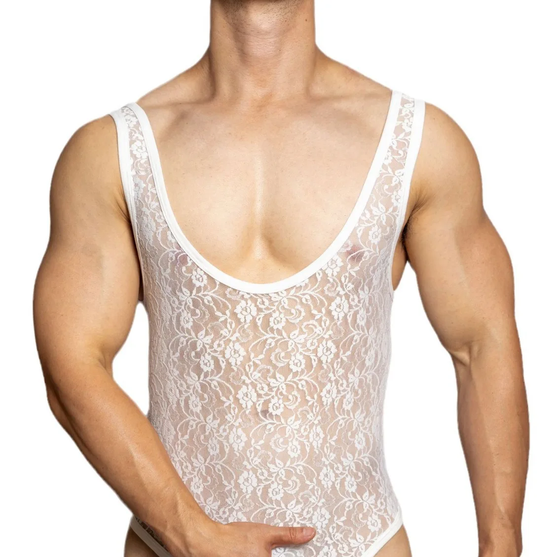 Men's Lace Shapewear Jumpsuit Hot Transparent Breathable Mesh Triangle Pants Male Seductive Suspender Vest