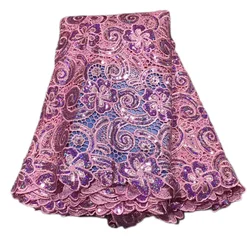 African Lace Fabric With Sequins High Quality Cord Lace Fabrics For Women Dress Pink 5 Yards