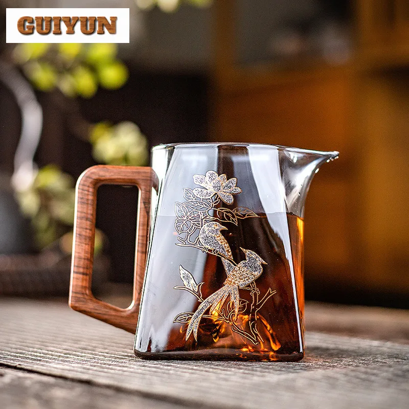 High End Flower And Bird Glass Fair Cup With Handle Heat Resistant Tea Dispenser Tea Brewing Kettle Tea Pitcher Teaset Drinkware