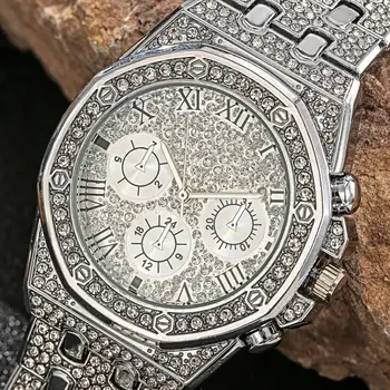 Relógio de negócios masculino moda cheio de diamante casual liga aço banda relógio de pulso de quartzo 1