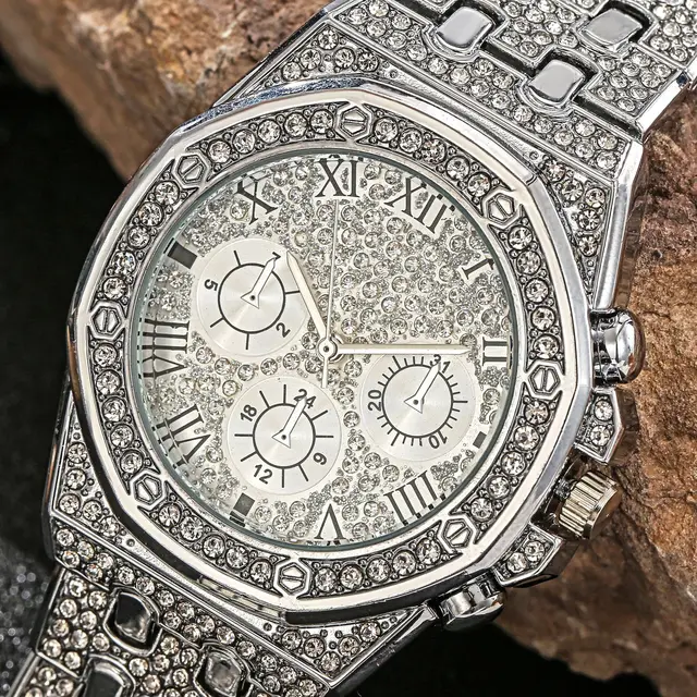 Relógio de negócios masculino moda cheio de diamante casual liga aço banda relógio de pulso de quartzo 1