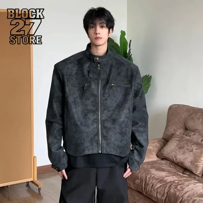 Harajuku Vintage Tie Dye Pu Leather Jacket Men Winter Thickened Stand Collar Cleanfit Streetwear Loose Casual Warm Fashion Coat