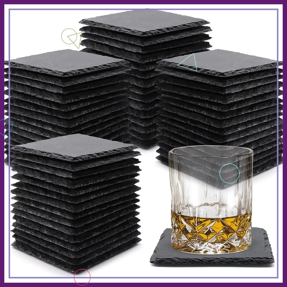 

60 Pack Black Slate Drink Coasters, 4 Inch Square Stone Coasters with Anti-Scratch Bottom for Home Decor