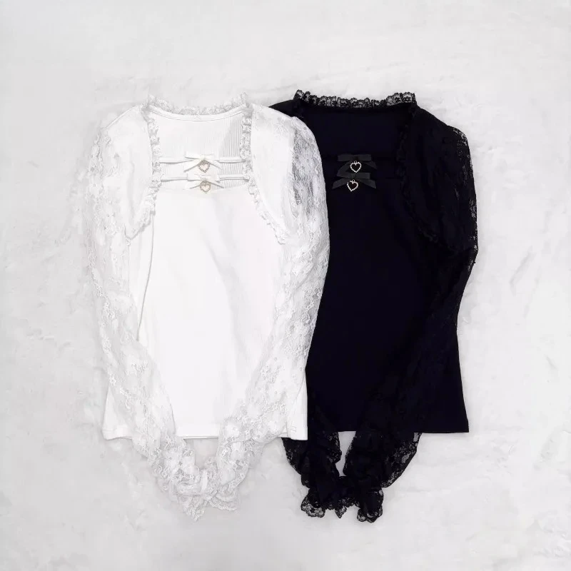 Słodkie, urocze dziewczęce uniwersalne bluzki z długim rękawem, japońskie wiosenne i letnie nowe bluzki z kokardkami, koronkowymi wstawkami i dzianinowymi topami.