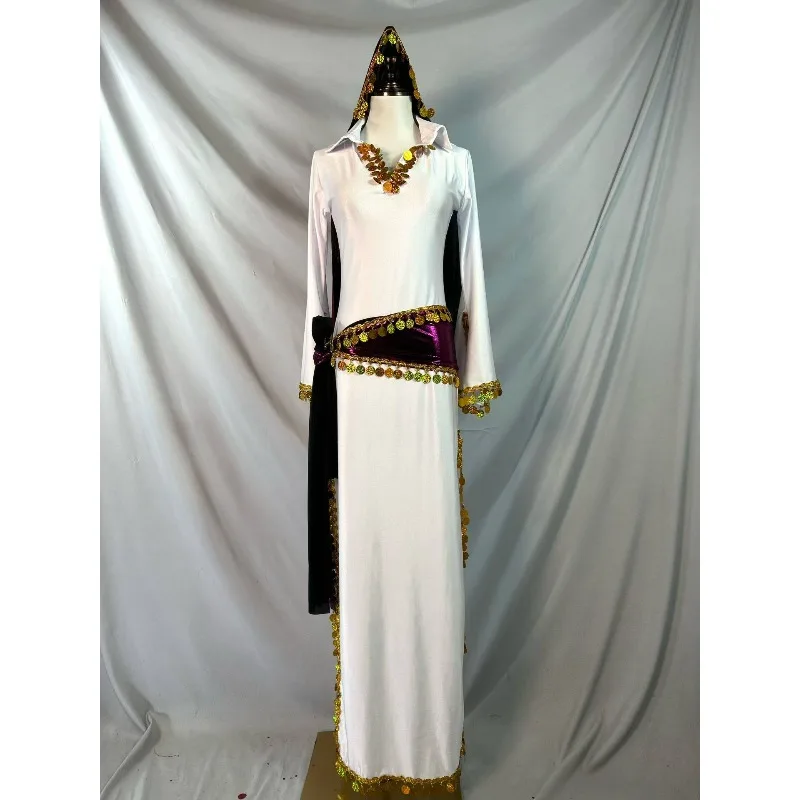 

Customized White Belly Dance Costumes Baladi Folk Robe Oriental Dance Border Sequin Headscarf Belt Shabbi Long Dress