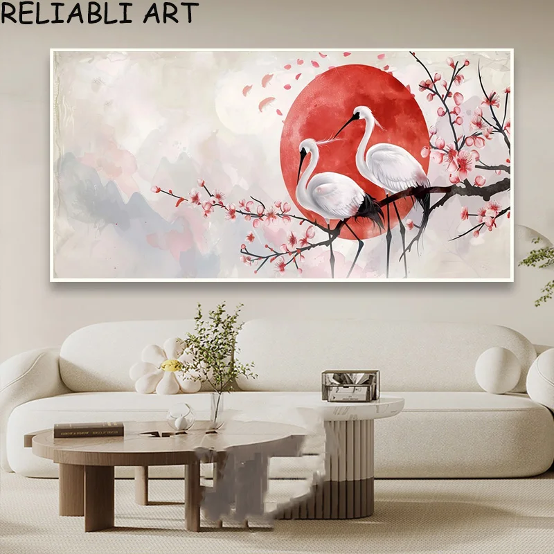 Chinese Style Plum Blossom Crane Landscape Poster and Prints Canvas Painting Wall Art for Living Room Home Decor No Frame