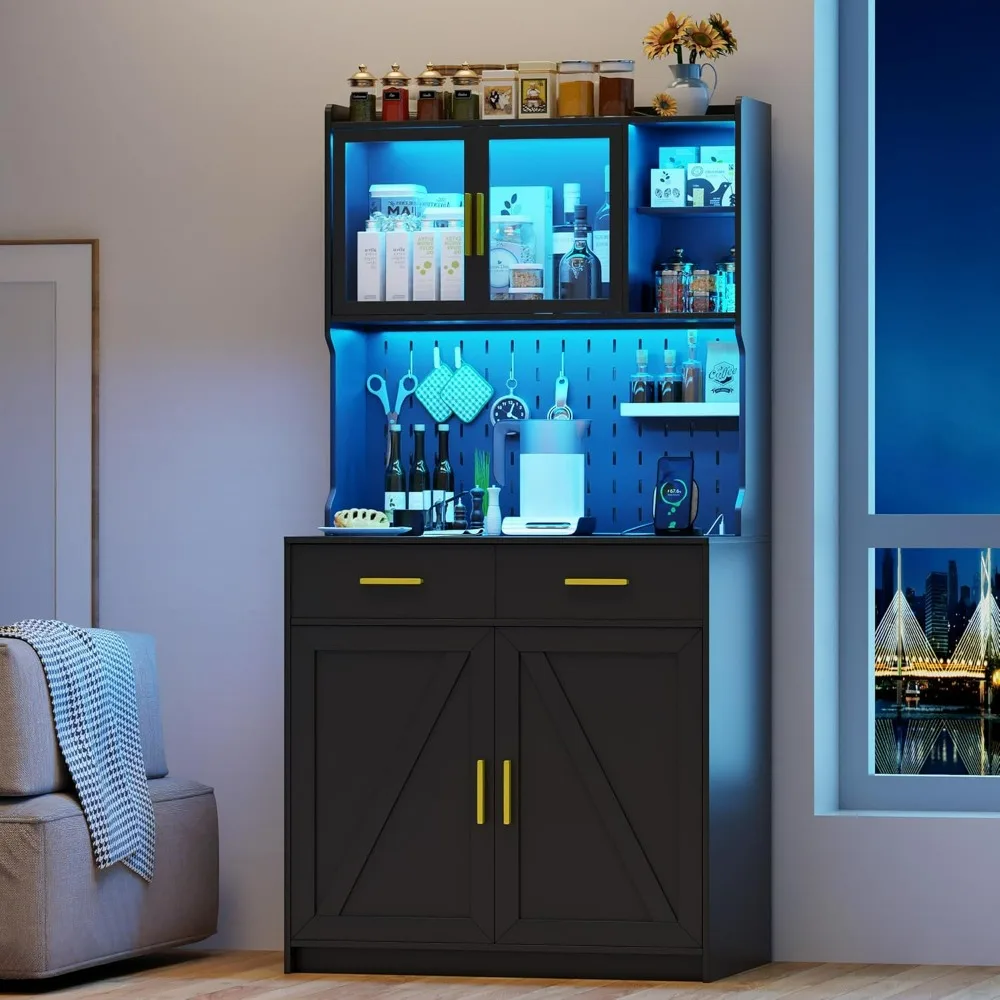 

LED Kitchen Pantry Cabinet with Outlets, Drawers & Adjustable Shelves, Storage Cabinet, 64" Tall Cupboard with Pegboard & Hooks