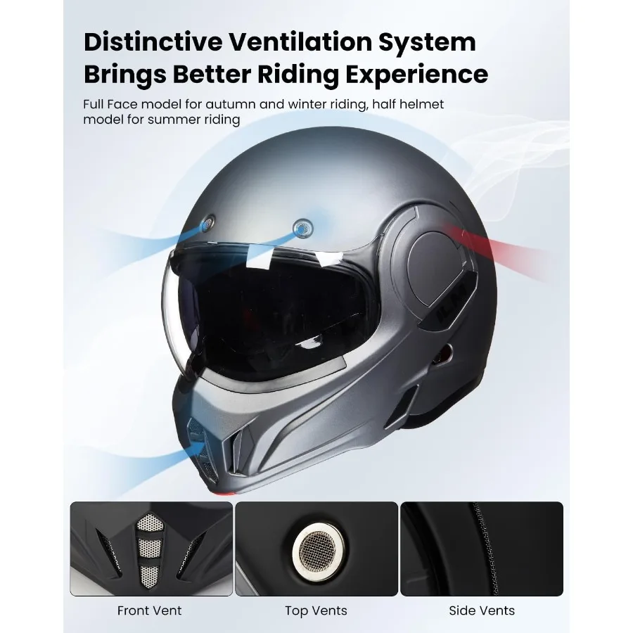 ヴィンテージフルフェイスモジュラーバイクヘルメット 大人男性用 ATV UTV スノーモービル用 180度回転式チンガード付き DOT ModelB707 マット仕上げ