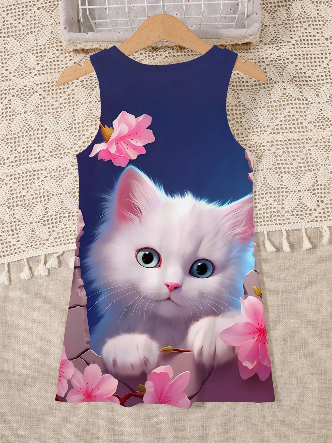 Girls' White Kitten Dress, Round Neck Sleeveless Dress for Daily Wear, Holidays, Casual Fashion, 3D Cat Dress Apparel