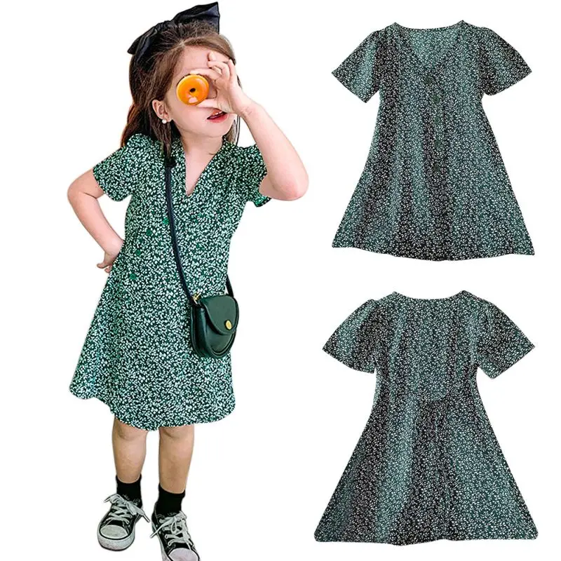 1-8Y Baby Girls Summer Vintage Floral Dress Korean High Waist Flower Print V Neck Dresses Summer Beach Loose Casual Sundress