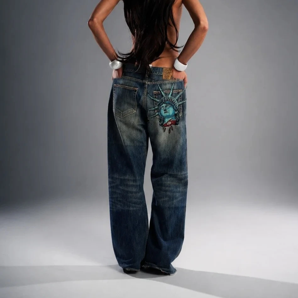 Freiheitsstatue Denim-Hosen für Damen Lässige Hochtaillierte Gerade Weite Jeans Bestseller 24-Stunden Schnelle Lieferung Y2k Damenmode