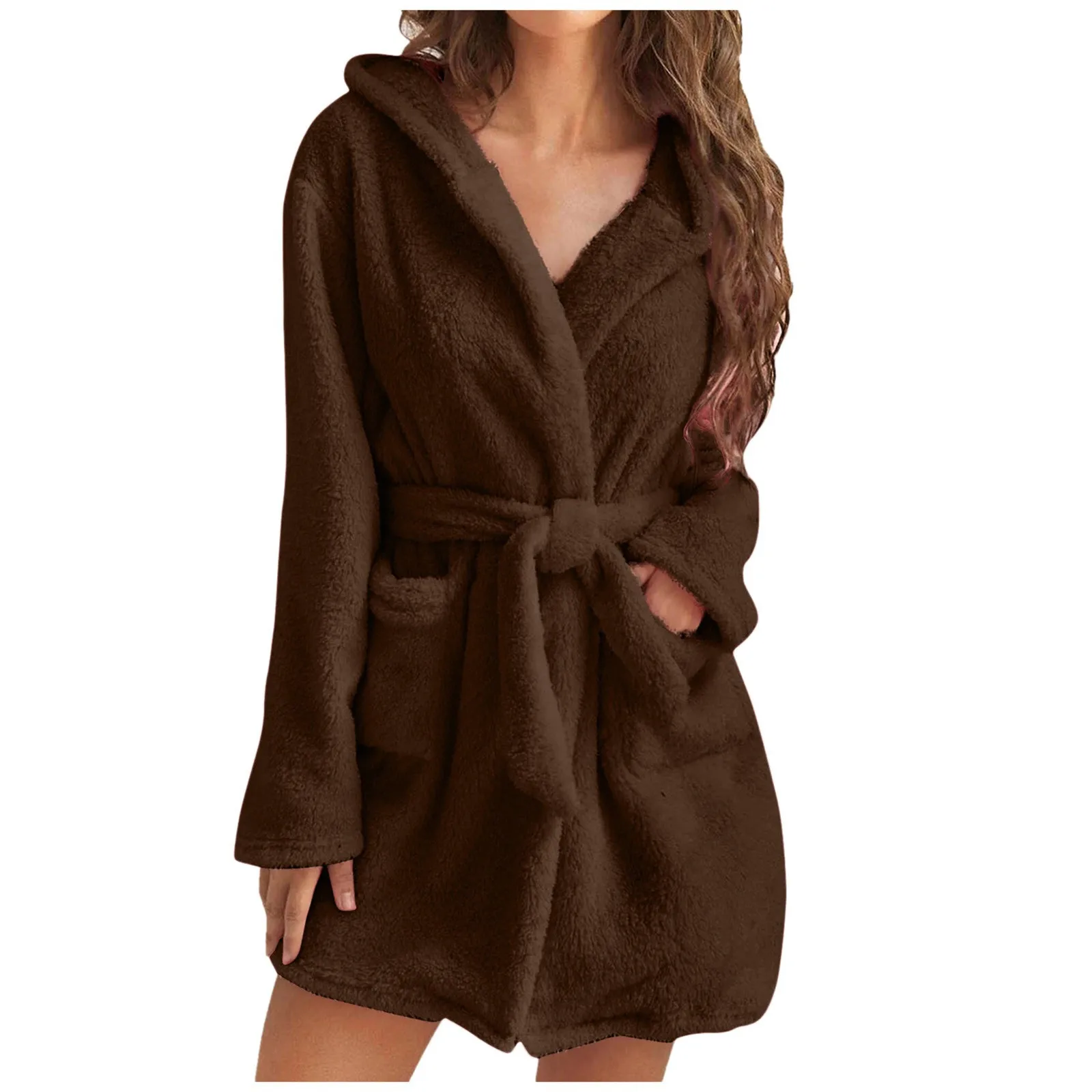 Winter Hooded Fleece Bathrobe For Women Thick Nightgown With Tie Pockets Plush Sleepwear Soft Warm Fleece Robes Kimono Bathrobes