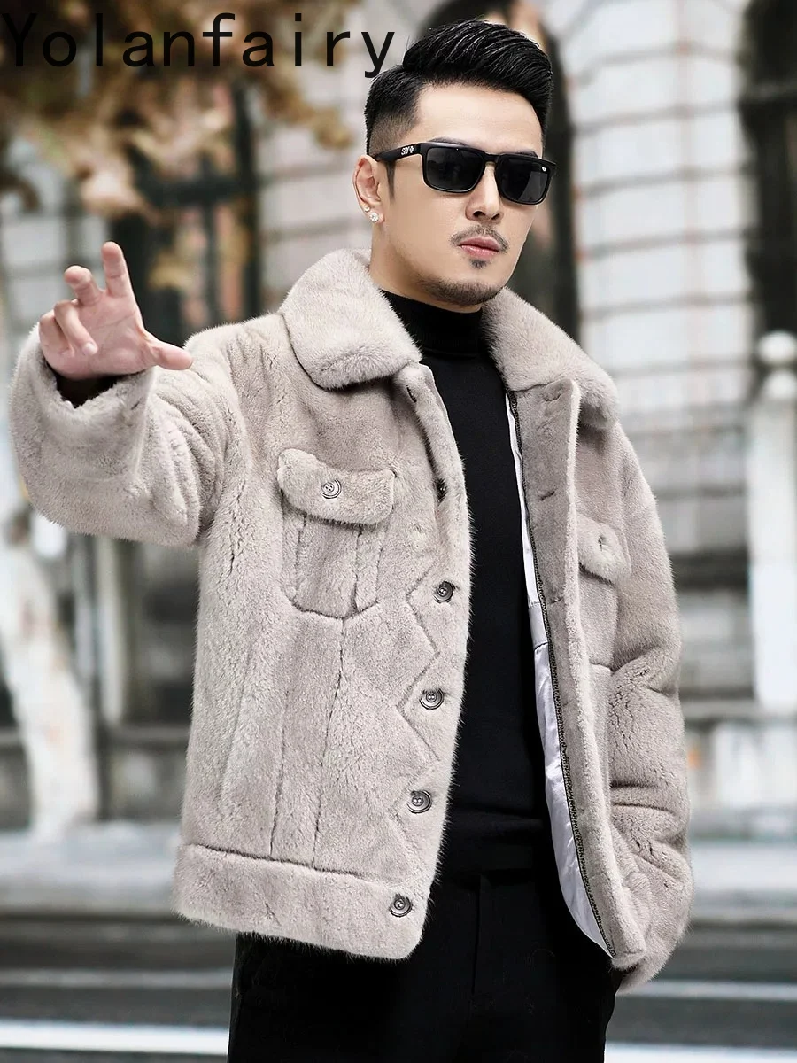 YOLANFAIRY Luxury 100% Mink Real Fur Coat Man Winter High-end Velvet Whole Mink Natural Fur Jacket Casual Lapel Men Clothing