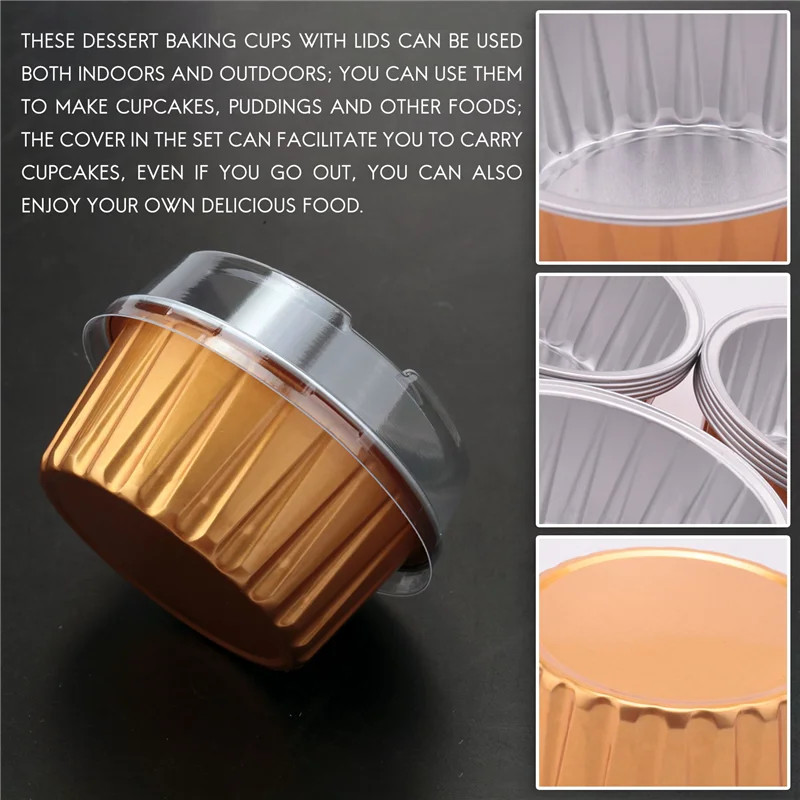 Dessert Cups with Lids, 25 Pack Gold Aluminum Foil Baking Cups Holders, Cupcake Bake Utility Ramekin Clear Pudding Cups