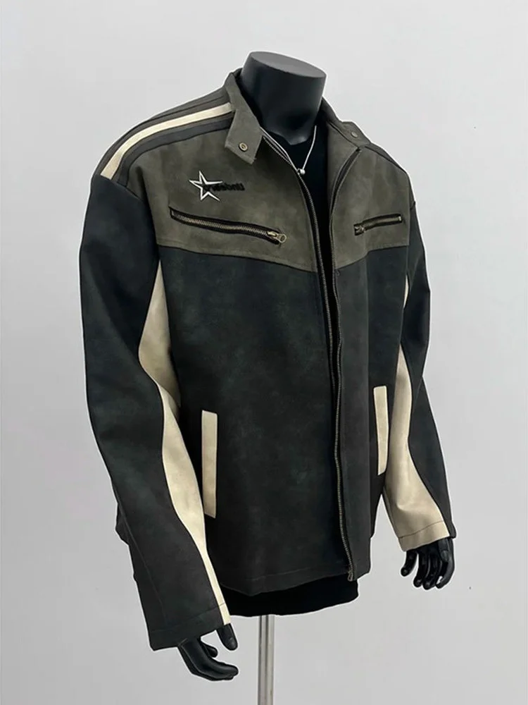 

Trendy Chinese Brand Color Blo Stand Collar Motorcycle Jaet Women's Loose Fit Windproof Open Cardigan Outerwear