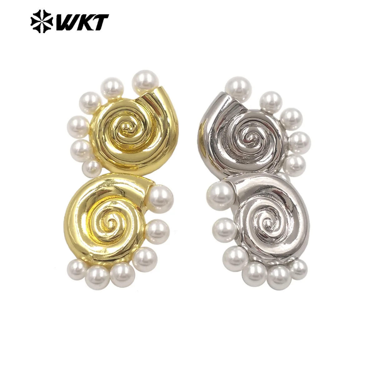 

WT-ME130 Minority Beautiful Yellow Brass Artificial Pearl Snail Shape Silver Gold Earring For Girl Dressing ACC