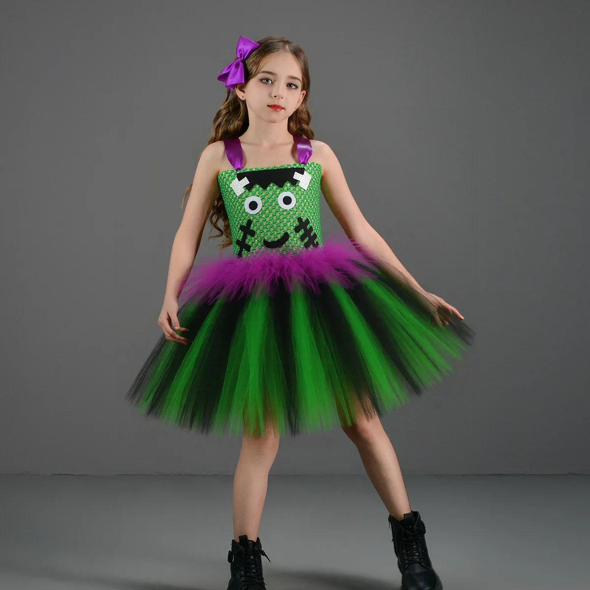 Children Cartoon Funny Cute Green Monster Mesh Tutu Dress With Hair Clip Outfit For Halloween Masquerade Party Dress Up Clothing
