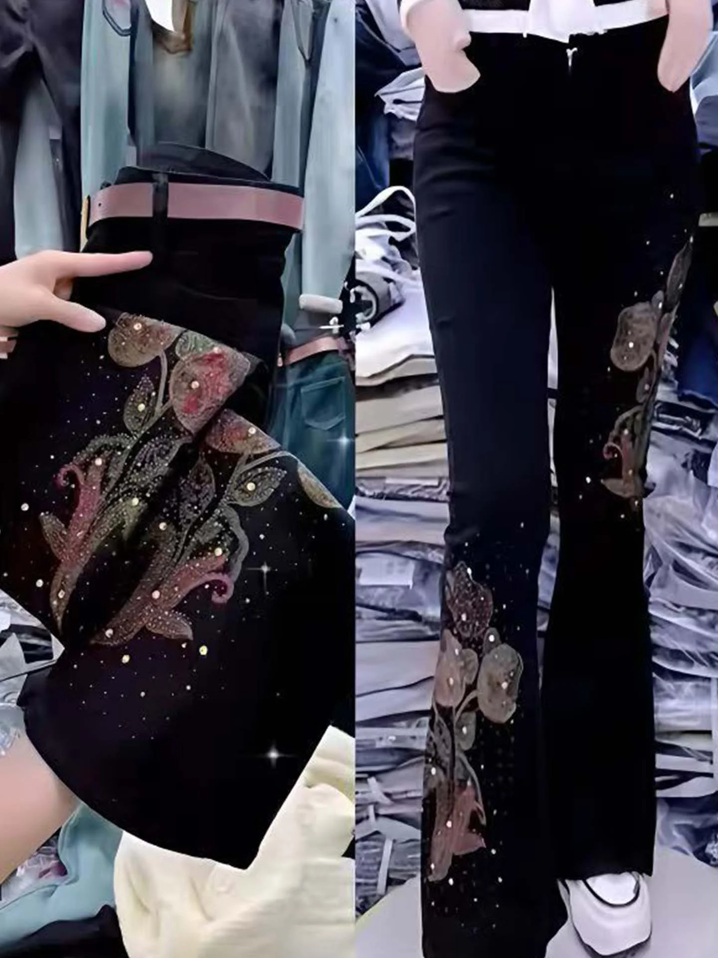 

Облегающие джинсы-колокольчики с высокой талией, женские модные прямые джинсы с вышивкой и пайетками