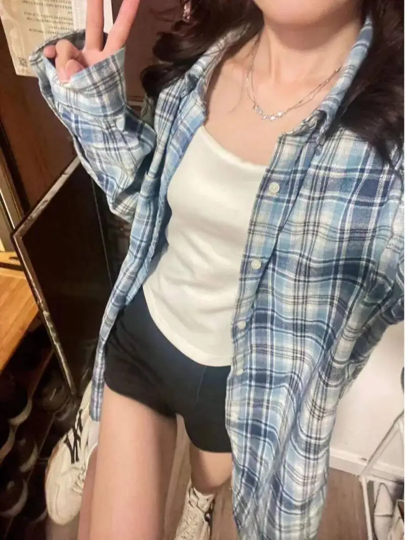 

Pink Plaid Pure Cotton Long Sve Irt Women's Lazy Sle Casual Luxury Outerwear Sun Protection Top Layered Irt Shirt Women MS7Q