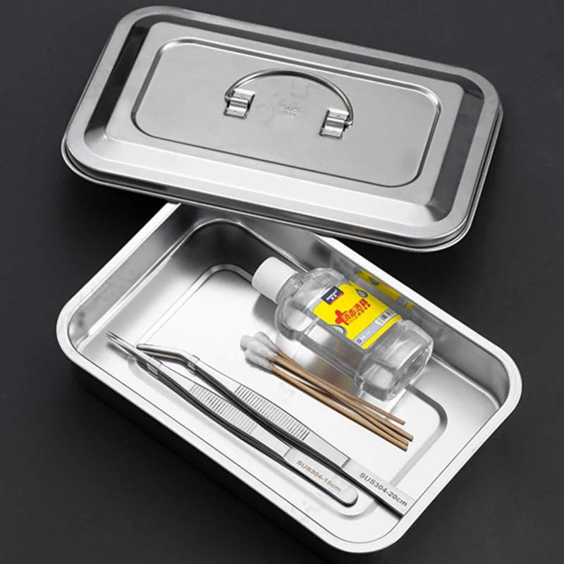 Stainless Steel Disinfection Box With Cover Instrument High Temperature Disinfection Square Plate Infusion Treatment Plate