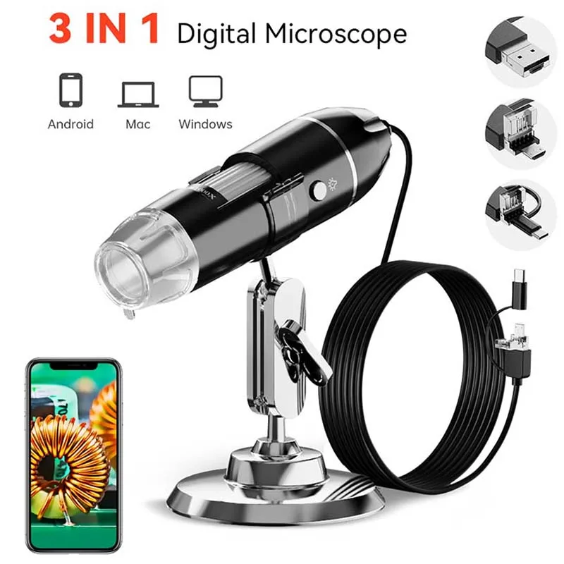 1600X 3in 1 Digital Microscope Camera with Stand Portable Electronic Microscope For Soldering LED Magnifier Type-C USB Android