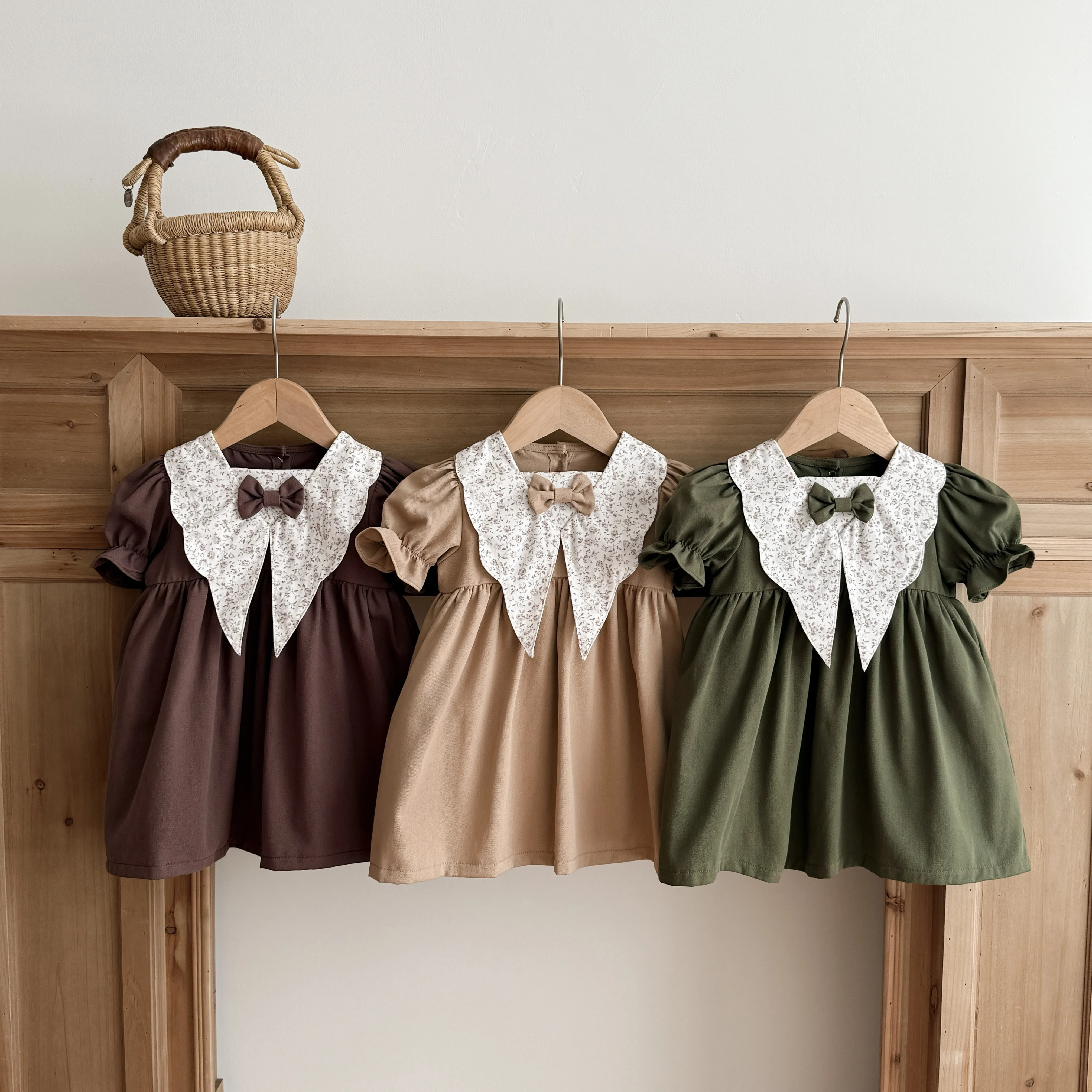 1-Piece Korean Style Summer Floral Collar School Style Girls' Dress Cotton Short-Sleeved Bow Cute Princess Dress