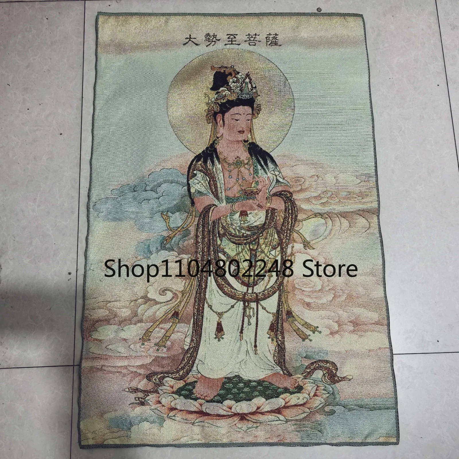 China Old Brocade Embroidery Tangka,Mahasthamaprapta Bodhisattva Buddha statue