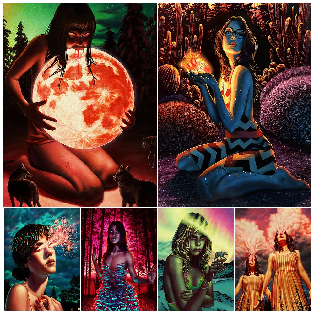 A Wild Girl Gnawing At The Moon Vintage Wall Art Canvas Print Mushroom Girl In The Forest Surreal Fantasy Art Poster Print Decor