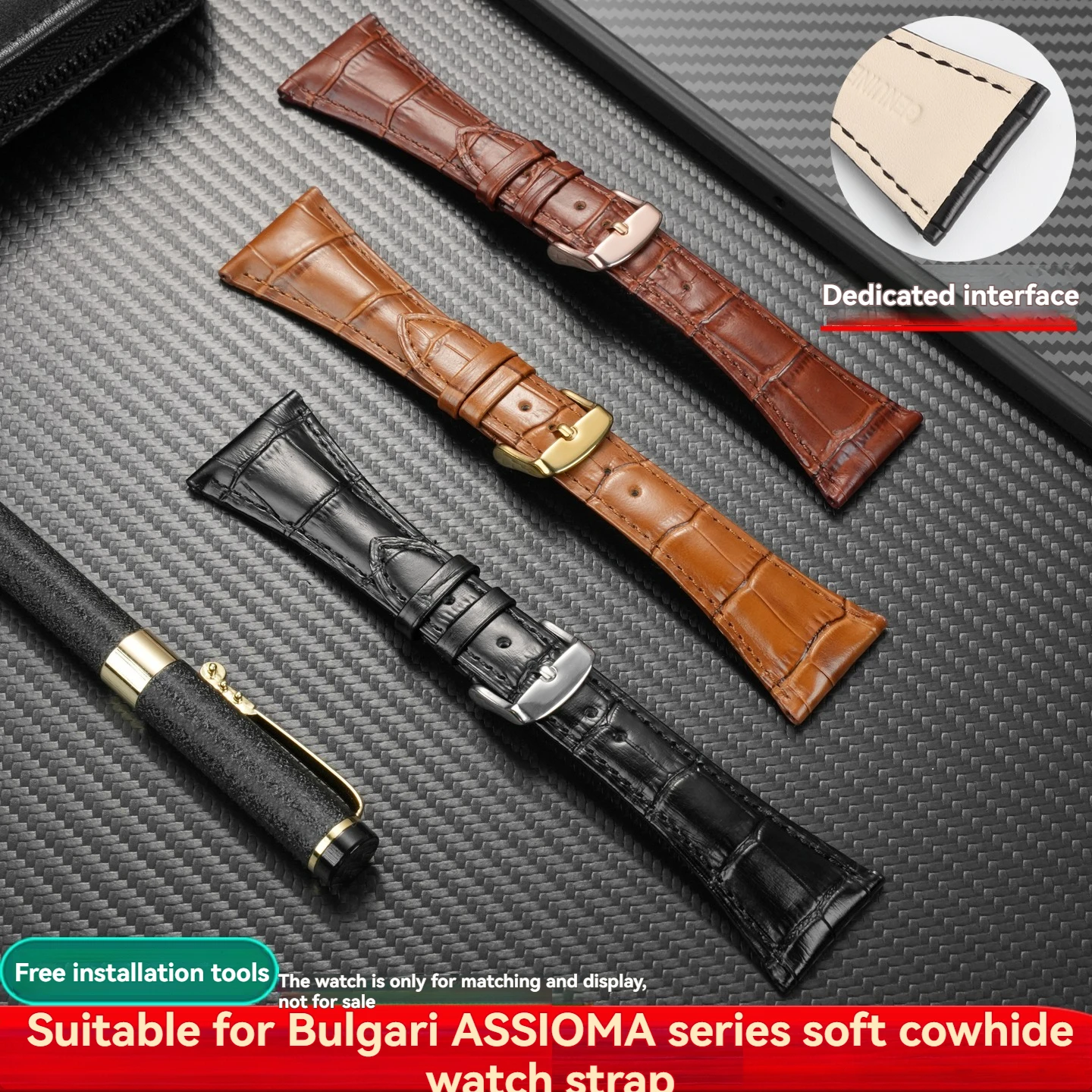 لساعة بولغاري سلسلة assioma نمط التمساح سلسلة ساعات من الجلد الطبيعي ، حزام ساعة من جلد العجل العصري والناعم