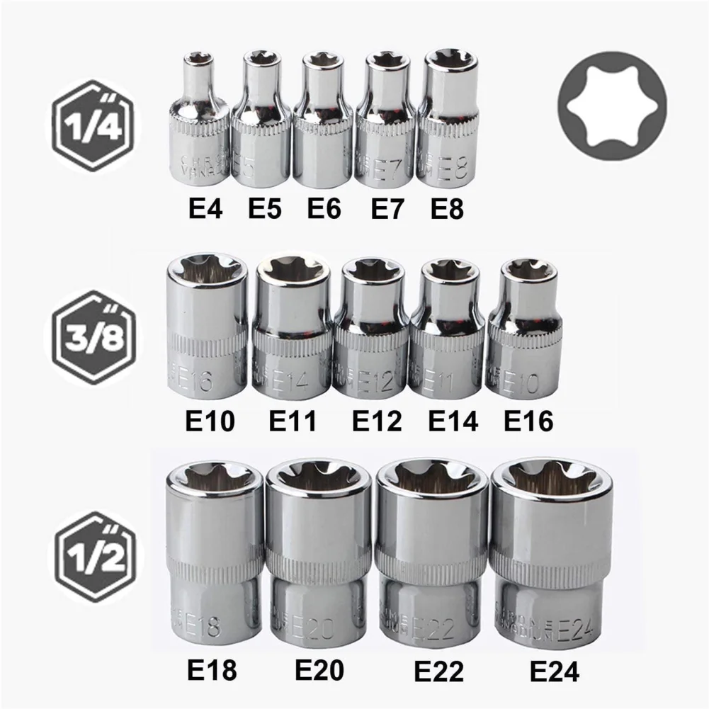 収納ケース付きメス外付けトルクスターソケットキット,E-TORXドライブ,1/4インチ,3/8インチ,1/2インチ,14個,e24