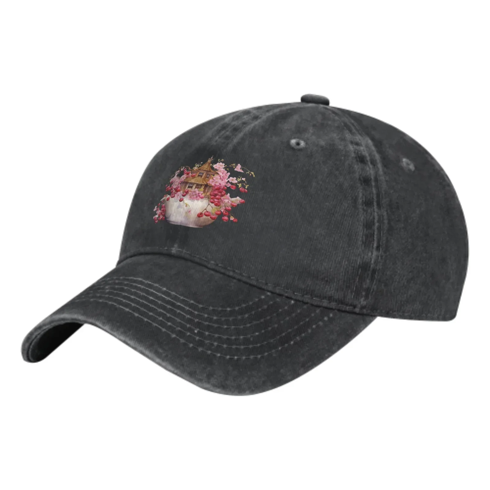 Cherry Flower Teapot Baseball Cap Adult Denim Hat Cotton Fashion Washed Cap Unisex Adjustable Outdoor Sports Daily