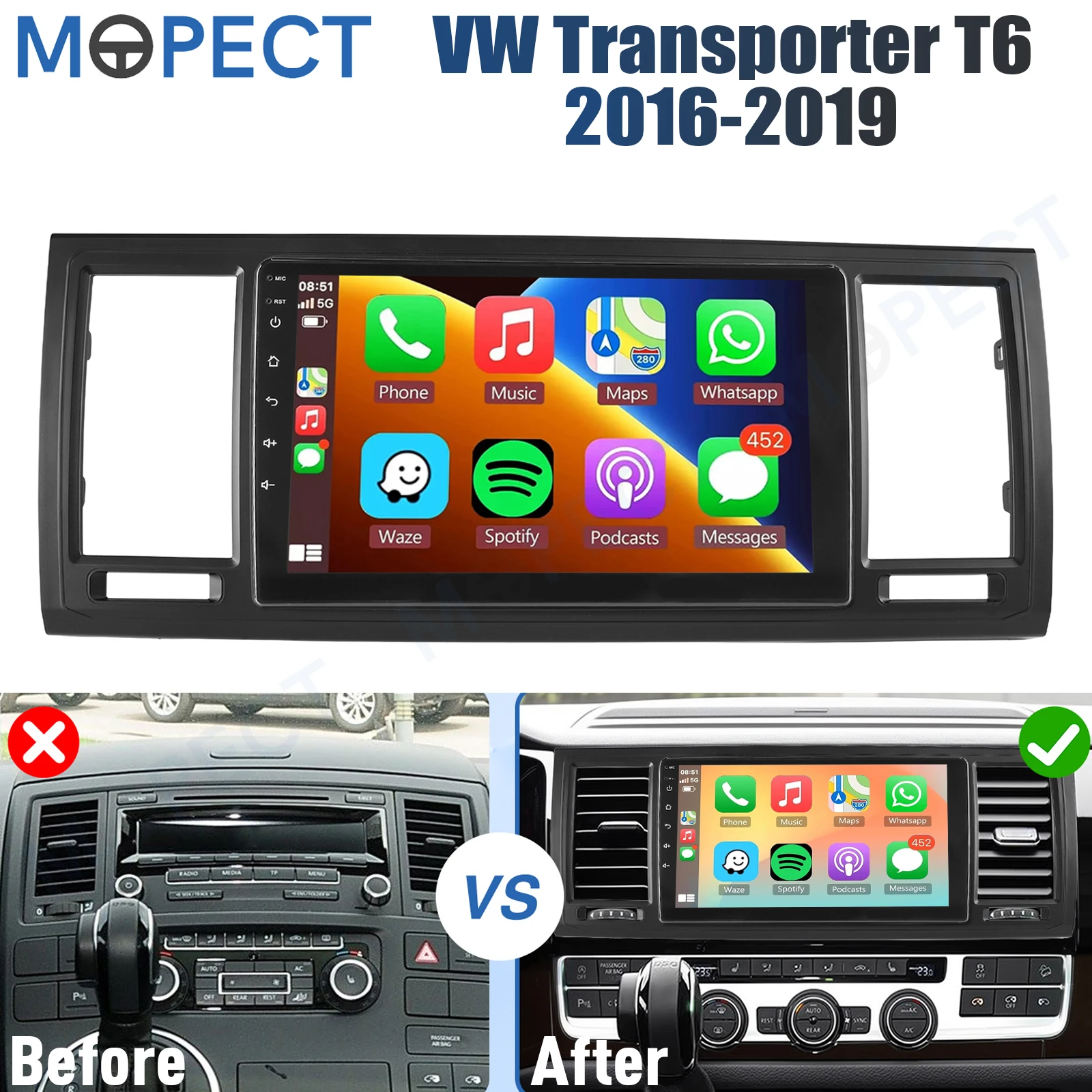 MOPECT 9" Android 15 Carplay autoradio voor VW Transporter T6 2016-2019 met 4G+64G GPS navigatie, Bluetooth, FM/AM/RDS+DAB&DVR&camera