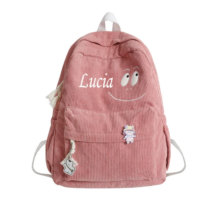 Personalized Corduroy Backpack For Women In Autumn And Winter, New High-Capacity Smiling Face Backpack For Female Students