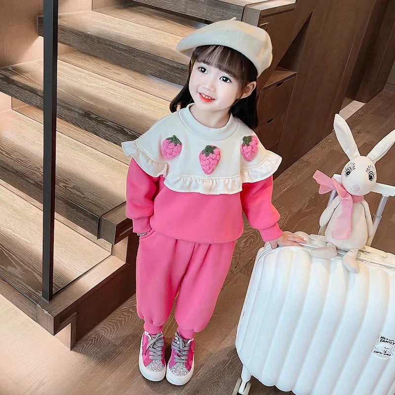 Children Winter Clothing Sets Baby Girls Strawberry Thickened Sweater Pants Kids Clothes Outfits Infant Tracksuits Sportswear