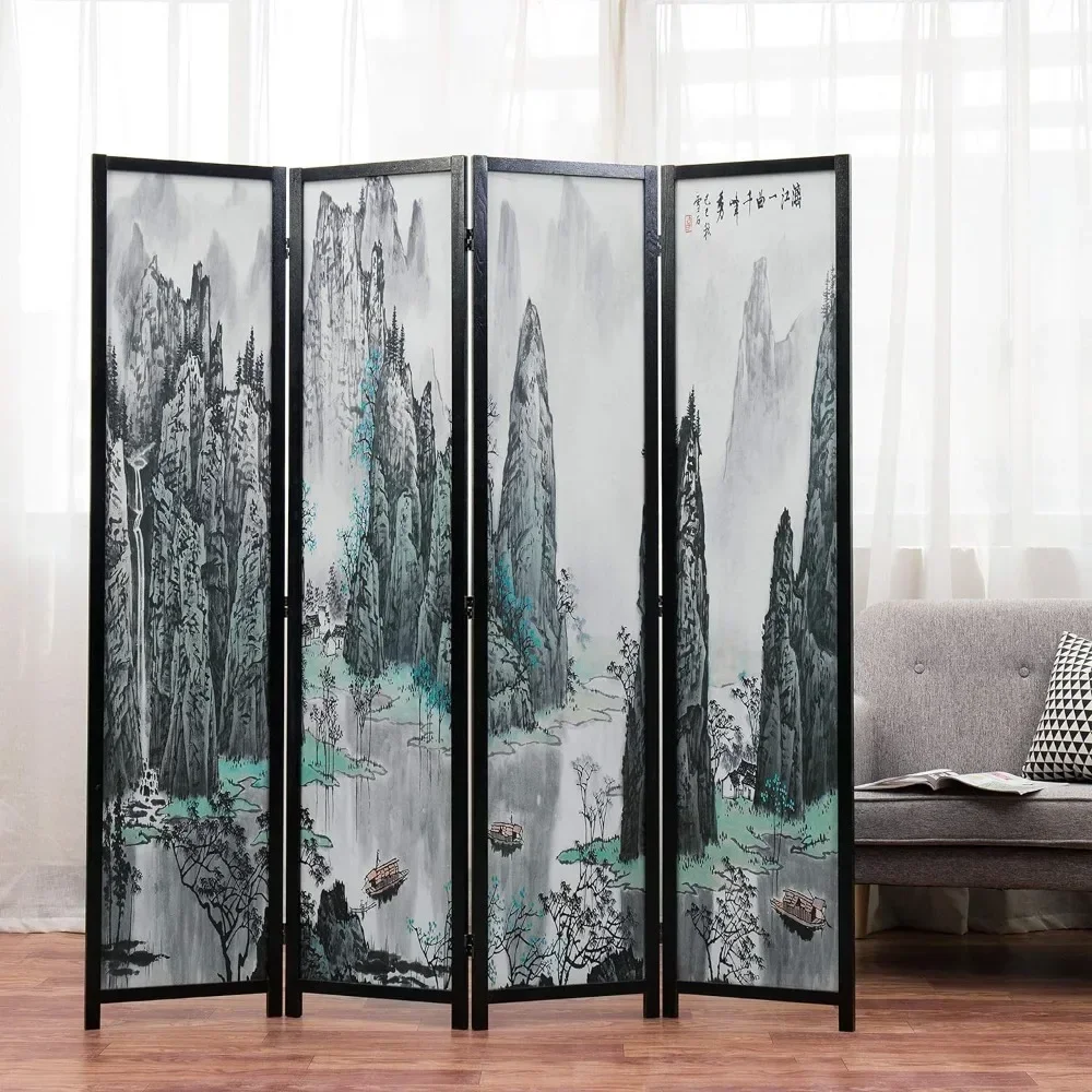 Folding Screen Separator 4 Panel Folding Room Partition Asian Watercolor Oriental Landscape and Chinese Calligraphy Design Home