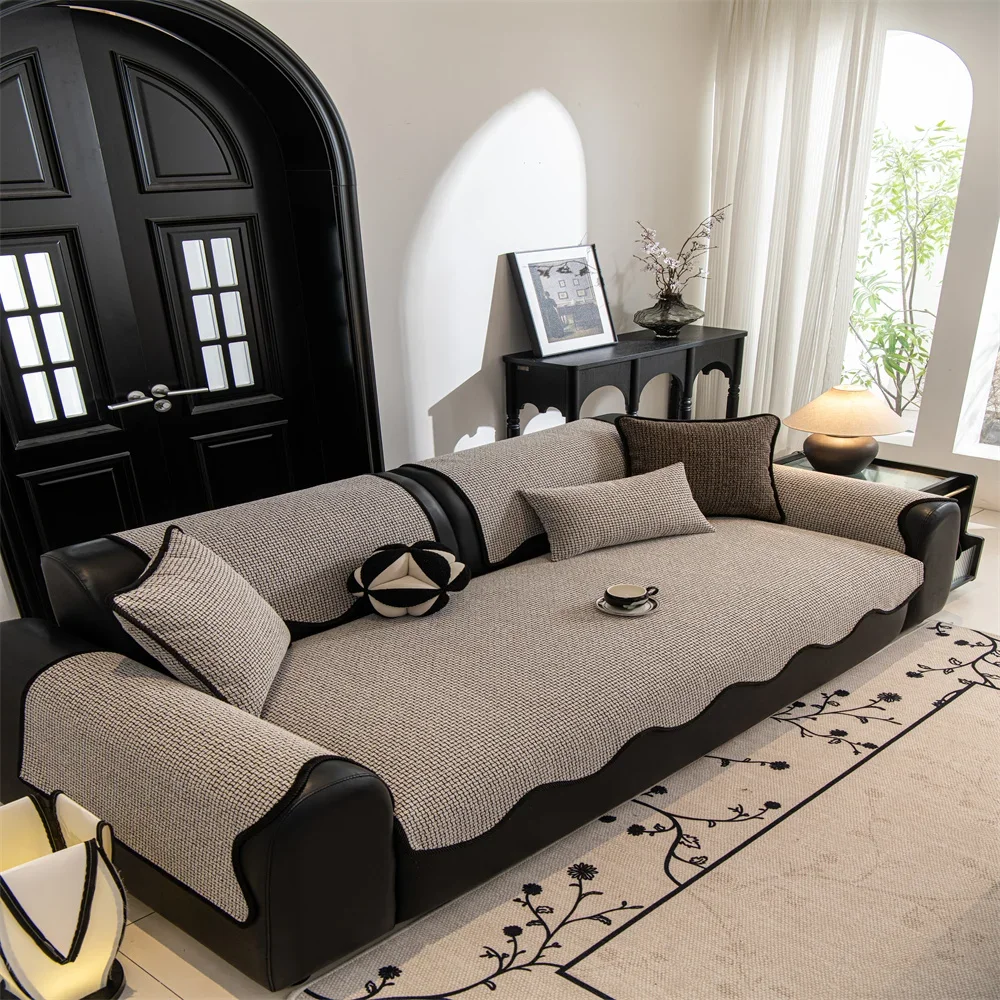 Retro Chenille Sofa Cushion Cover Universal Non-Slip Fixed Straight Row All-Seasons Slipcover for Home Comfort