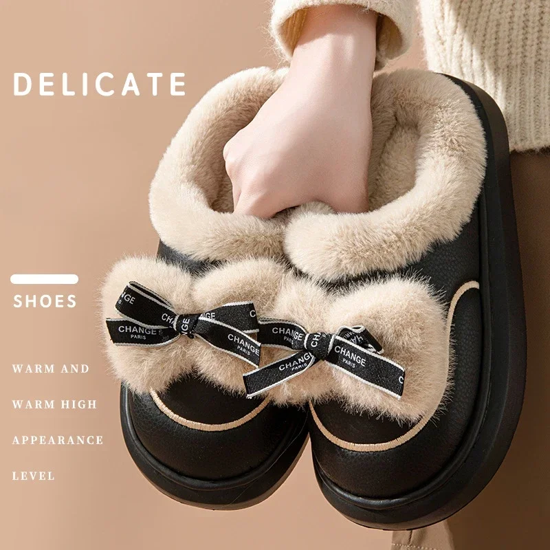 Cotton Slippers for Women Waterproof Leather Slippers Thickened Bows Cute Furry Slippers Winter Home Slippers