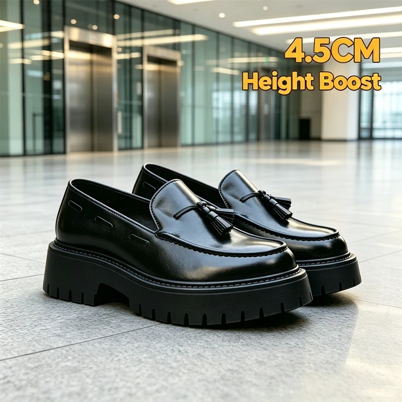 Men Vintage Tassel Leather Loafers Slip On 4.5CM Thick Platform Heightening Shoes Non Slip Casual Business Formal Dress Shoes