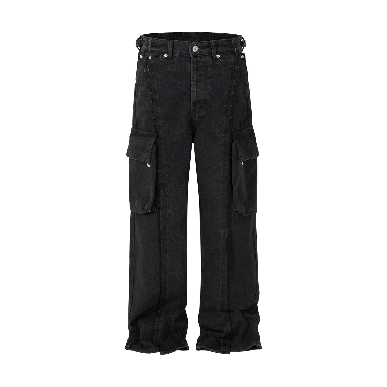 Y2k Streetwear Tassel Multi Pocket Jeans for Men Straight Solid Baggy Cargo Pants Pantalones Hombre Casual Denim Trousers