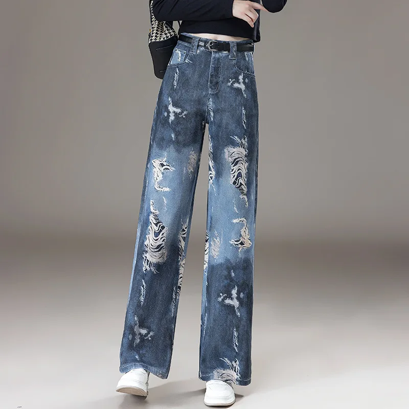 

American Retro Floral Wide-Leg Jeans for Women, Unique Design, Printed High-Waisted Loose Floor-Length Straight Pants, Trendy