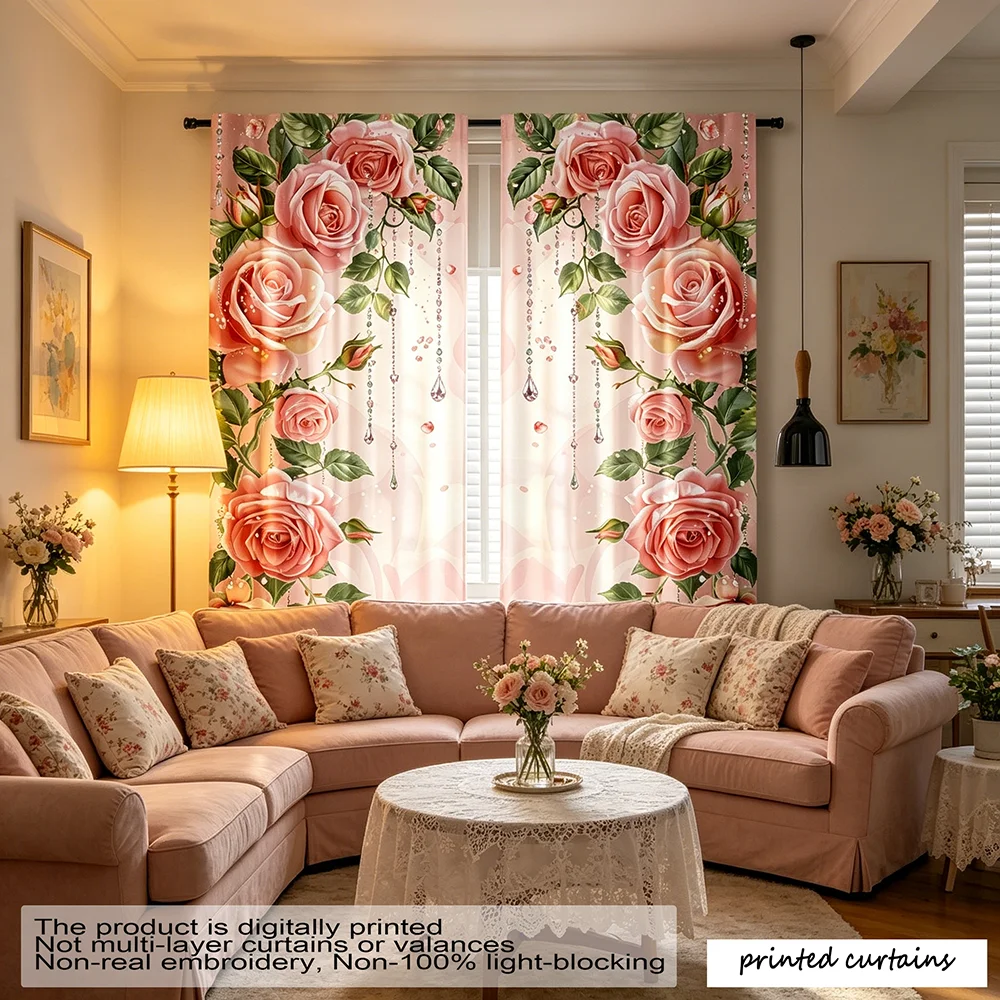 Beautiful Curtains with Pink Rose Patterns: 2 Pieces, Digital Printing, Made of Polyester, Suitable for Living Room, Bedroom