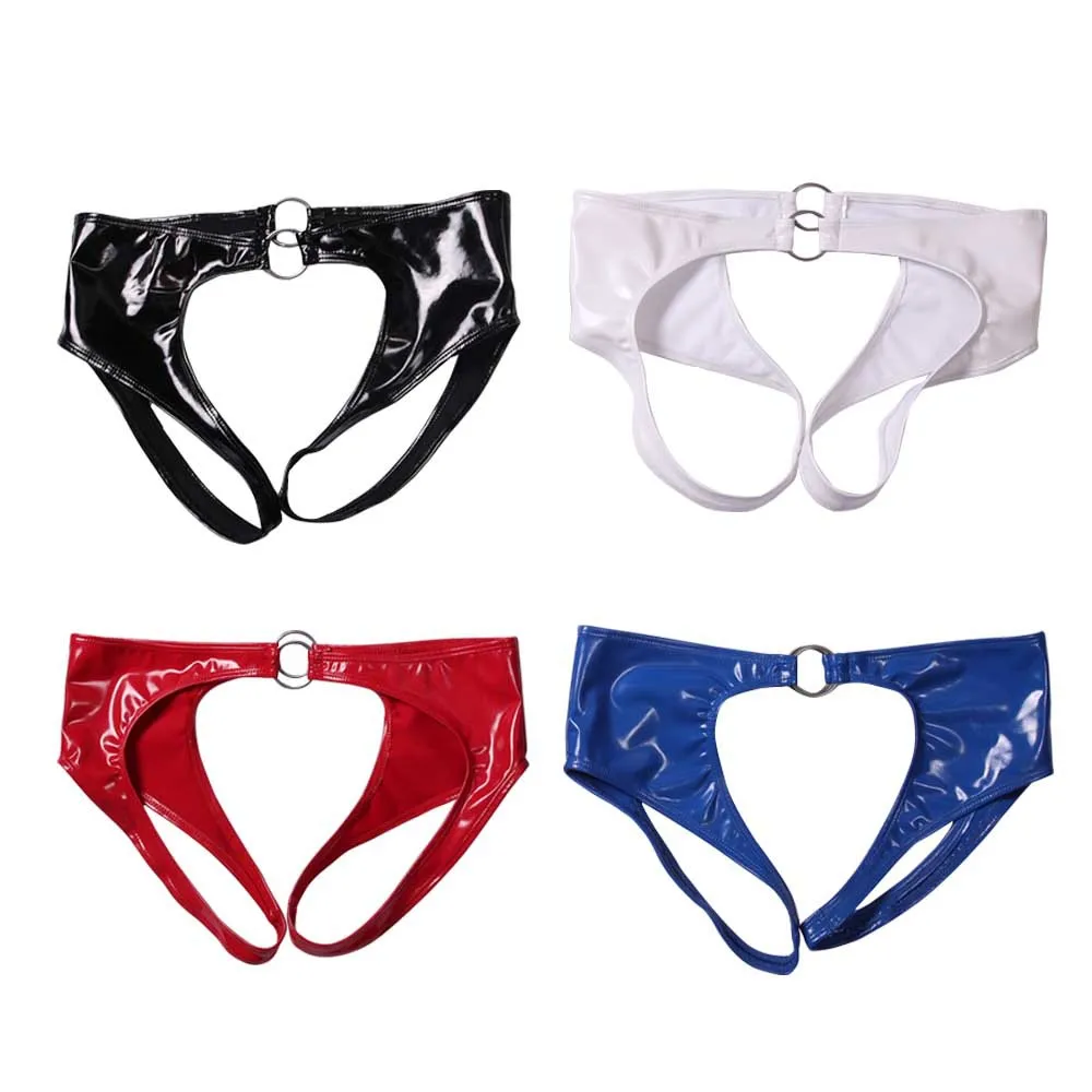 بولي كلوريد الفينيل فو الجلود g-سلسلة ثونغ الملابس الداخلية T-الظهر Crotchless سراويل لامعة حلقة سحب السروال الجبهة الخلفية مفتوحة المنشعب متعة الملاكمين #3