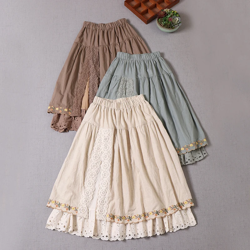 

Mori Girl Vintage Lace Flower Embroidery Double Layer Lining Skirt Women Harajuku Elastic Waist Casual Loose A-Line Skirts