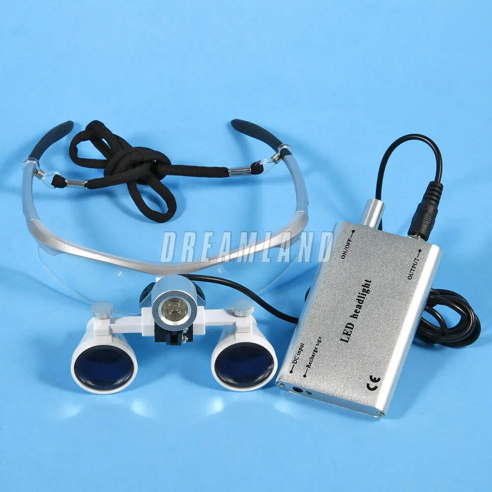 Dental Surgical Binocular Loupes Magnifier 3.5X 420mm Optical Glasses +LED Head Light Lamp Silver Color