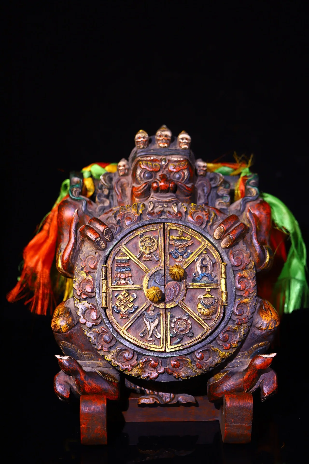 

11"Tibetan Temple Collection Old Bodhi Root Cinnabar Painted Mahakala Buddhist Niche Shakyamuni Sitting Buddha Worship Hall