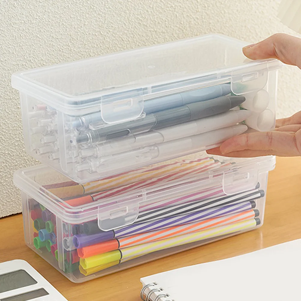 4 szt. Duże, przezroczyste plastikowe piórniki zamykane na zatrzask, organizery do układania w stosy, twarde pudełka na artykuły piśmiennicze do szkoły i biura