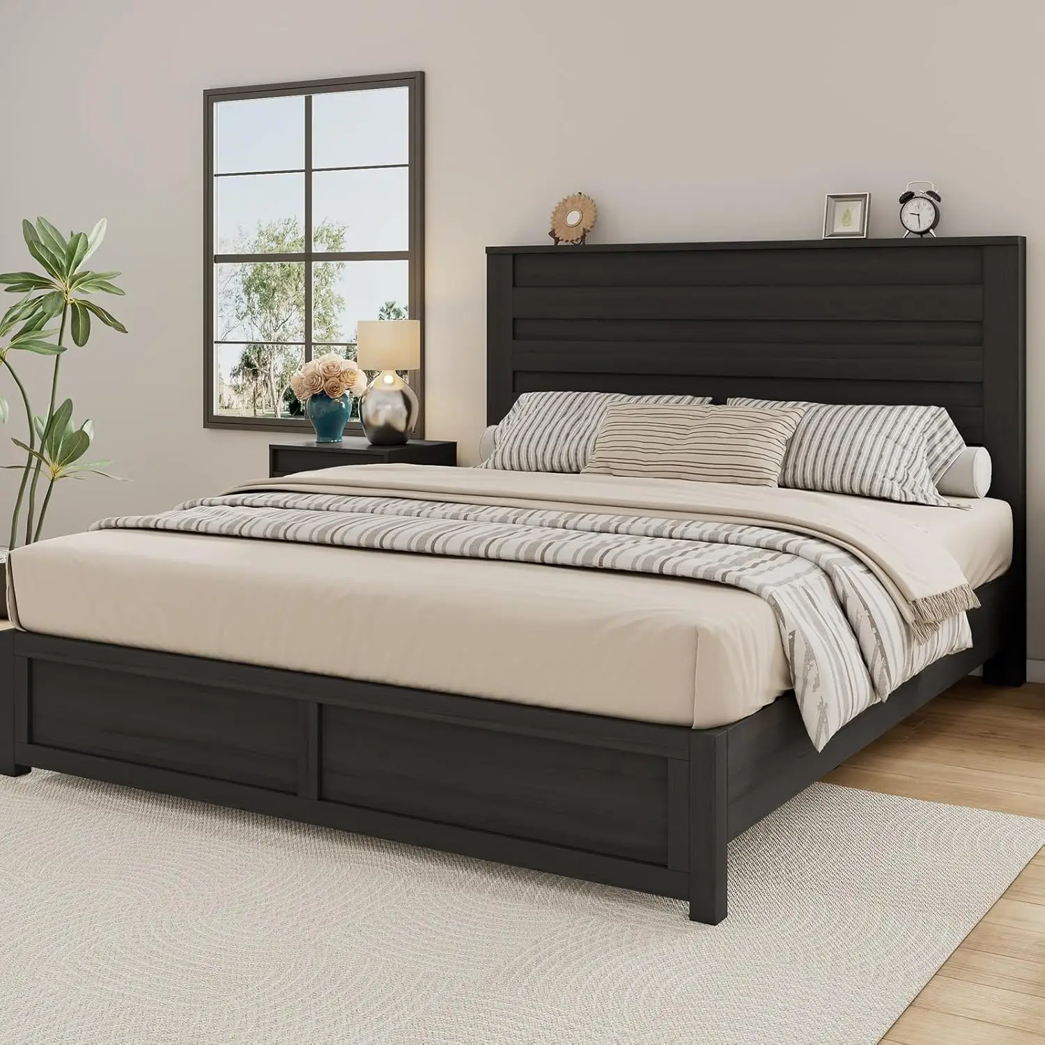 Farmhouse Bed Frame Com Cabeceira, 49 "Cabeceira, Plataforma, Suporte De Madeira Slats, Nenhuma Caixa De Mola Necessária, Fácil Montagem